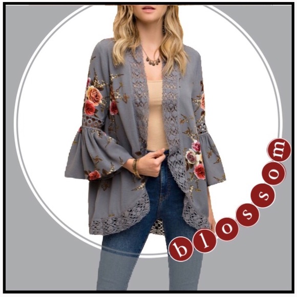 Boutique Tops - Lace Trimmed Kimono Cardi